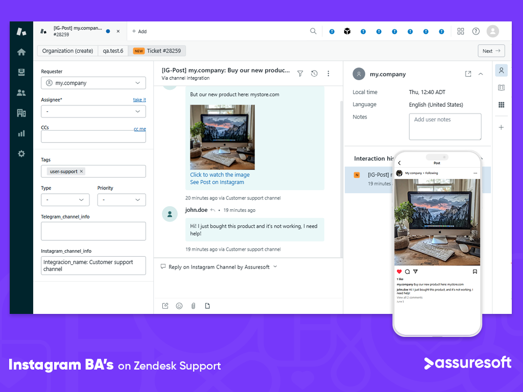 Instagram Channel by AssureSoft dashboard view — Workflows app on the Zendesk Marketplace