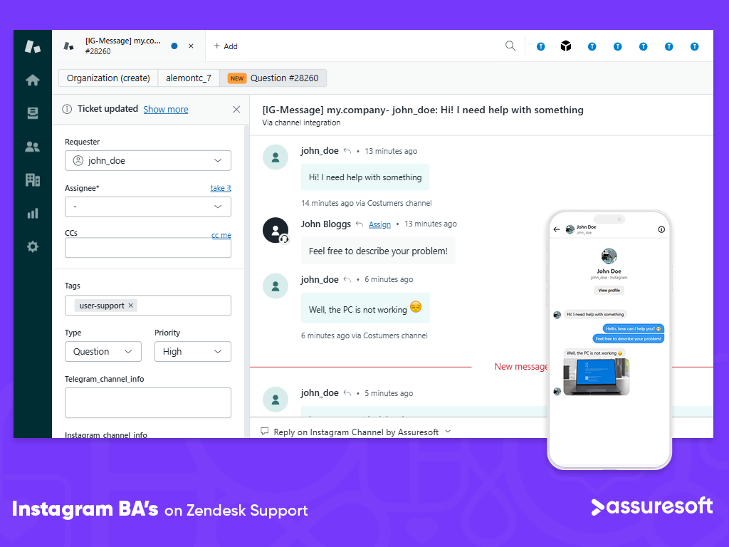 Instagram Channel by AssureSoft feature detail — Workflows app on the Zendesk Marketplace